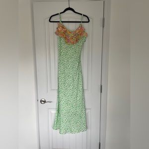 Bright green, animal printed Maxi Dress. Has ruffles with flower pattern.